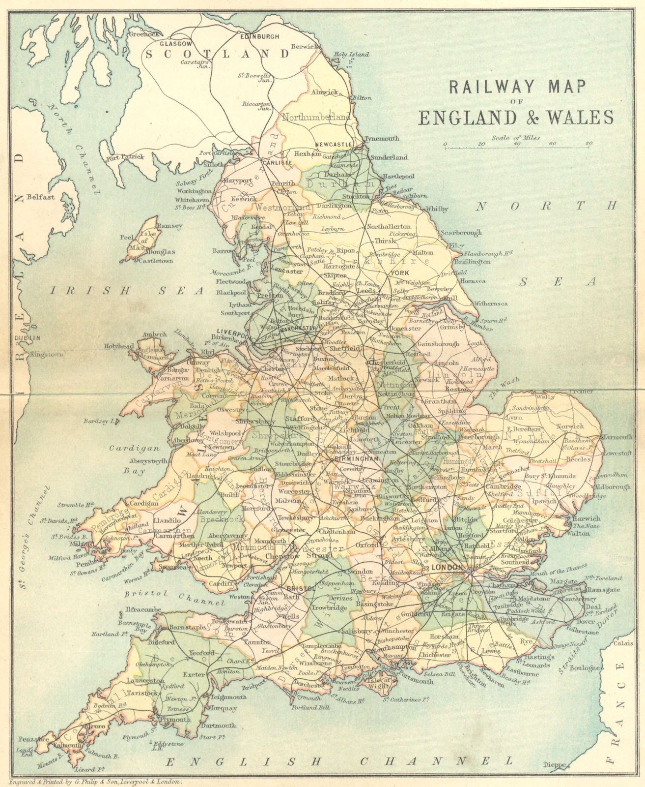 ENGLAND WALES. RAIL MAP. Philip 1898 old antique vintage plan chart